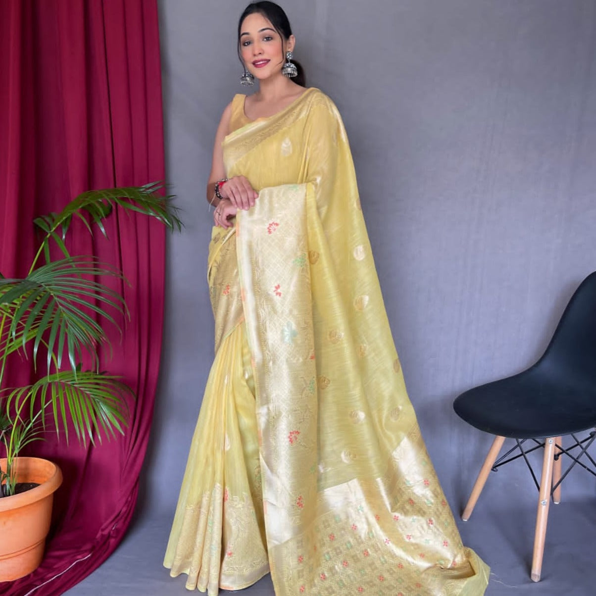 Yellow Linen Weaving Handloom Saree