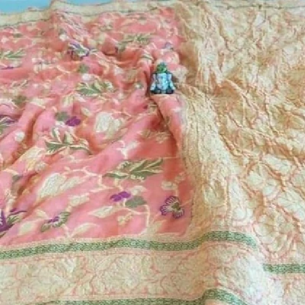 Peach Floral Banarasi Meenakari Saree for Day Wedding