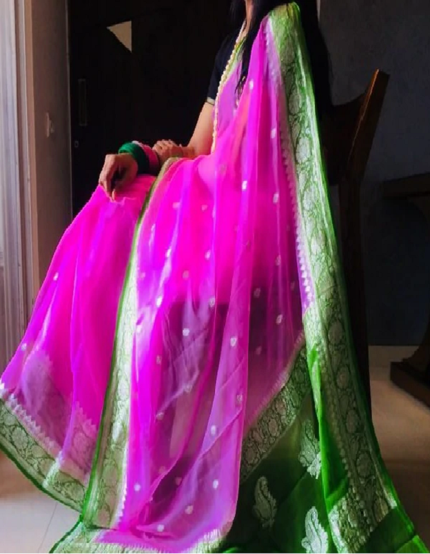Pink Green Buti Jaal Banarasi Khaddi Saree