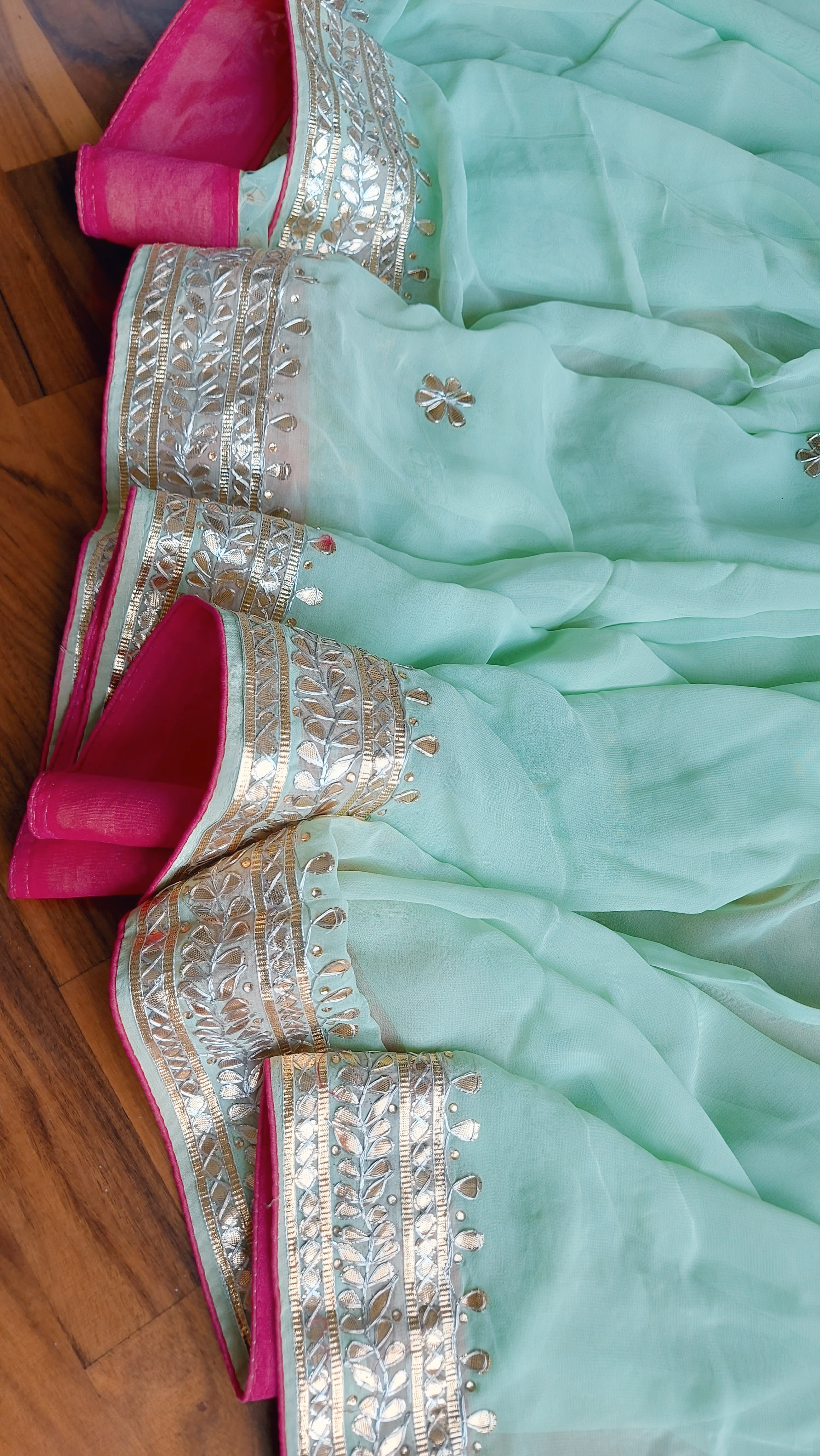 Elegant Mint Blue Georgette Saree with Gota work