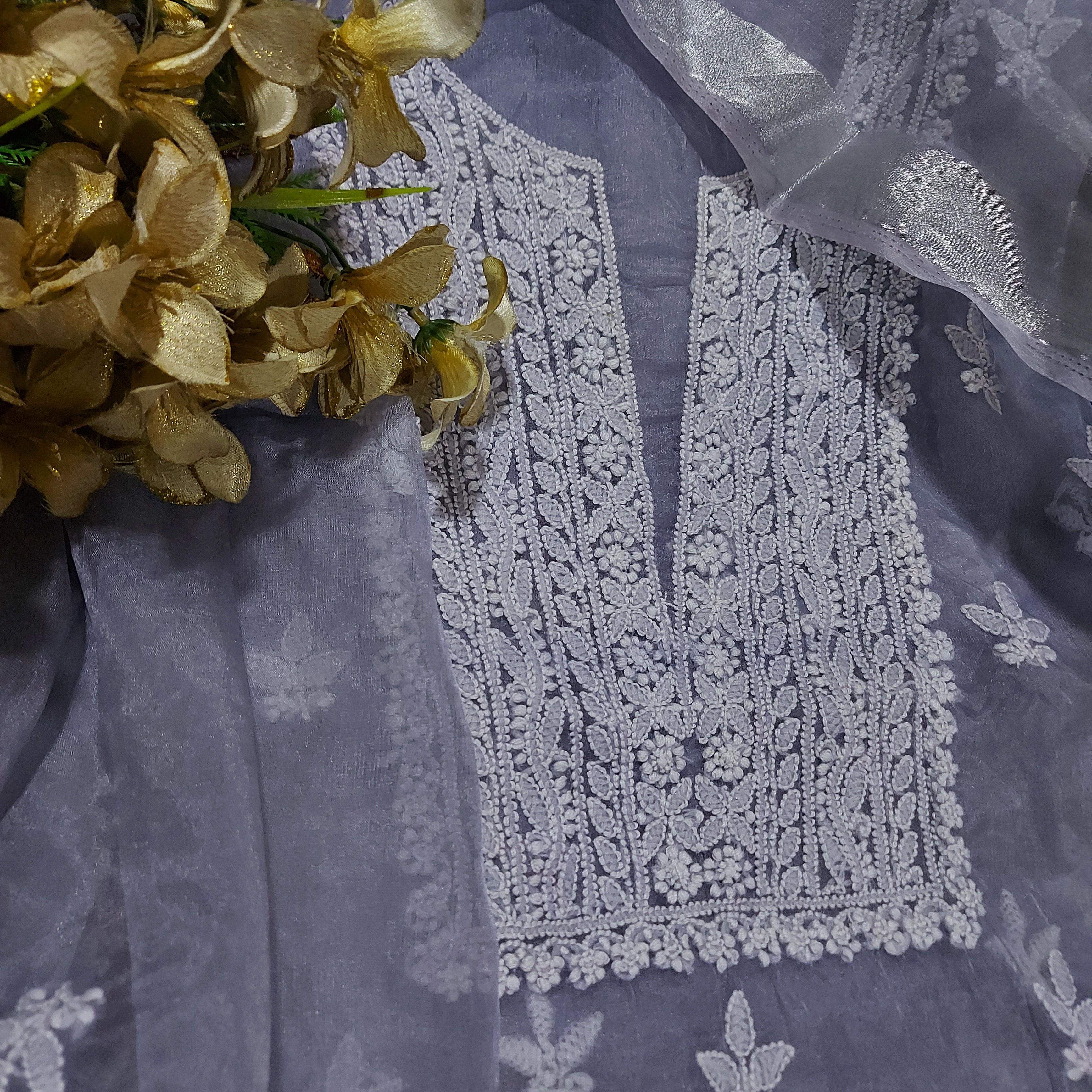 Buy Now Organza Chikankari Salwar Suit In Grey,Pure Lucknowi Chikankari Suits Online,Jhakhas