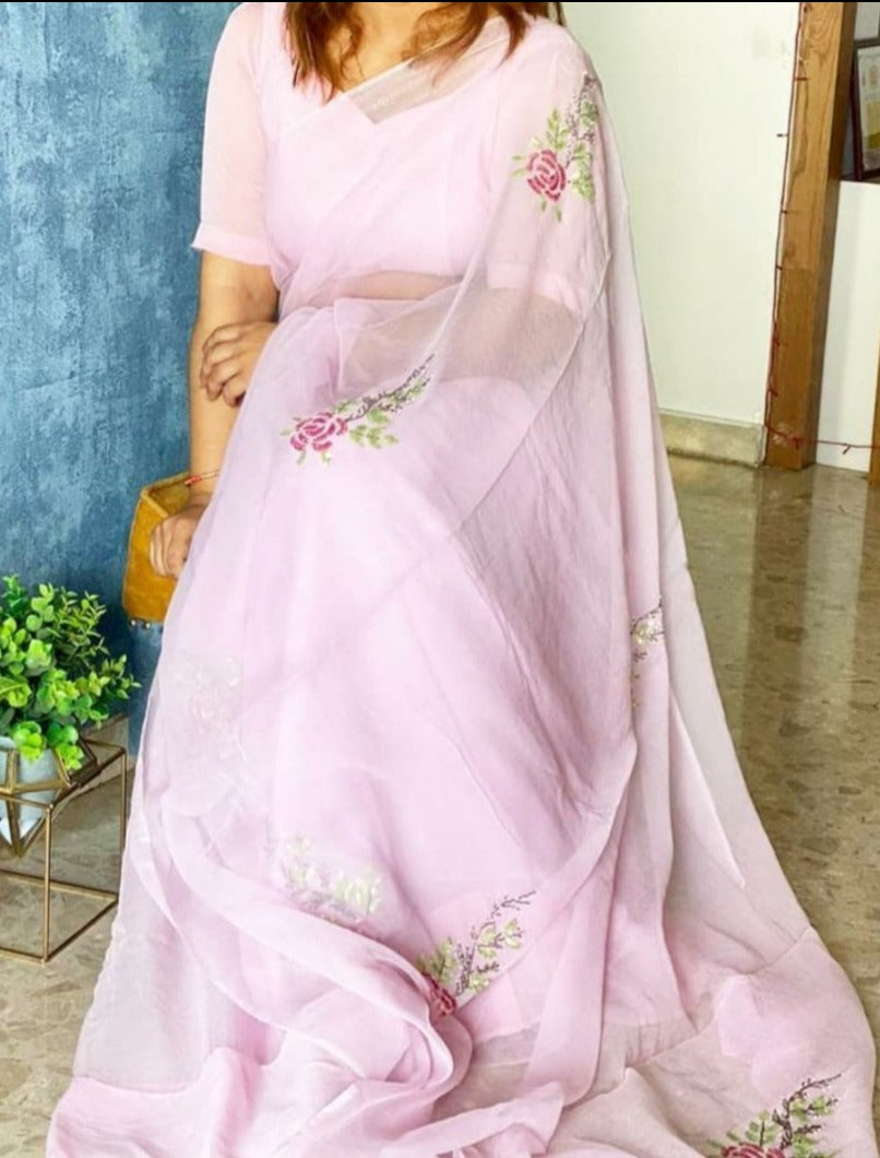 Pink Pure Chiffon Saree