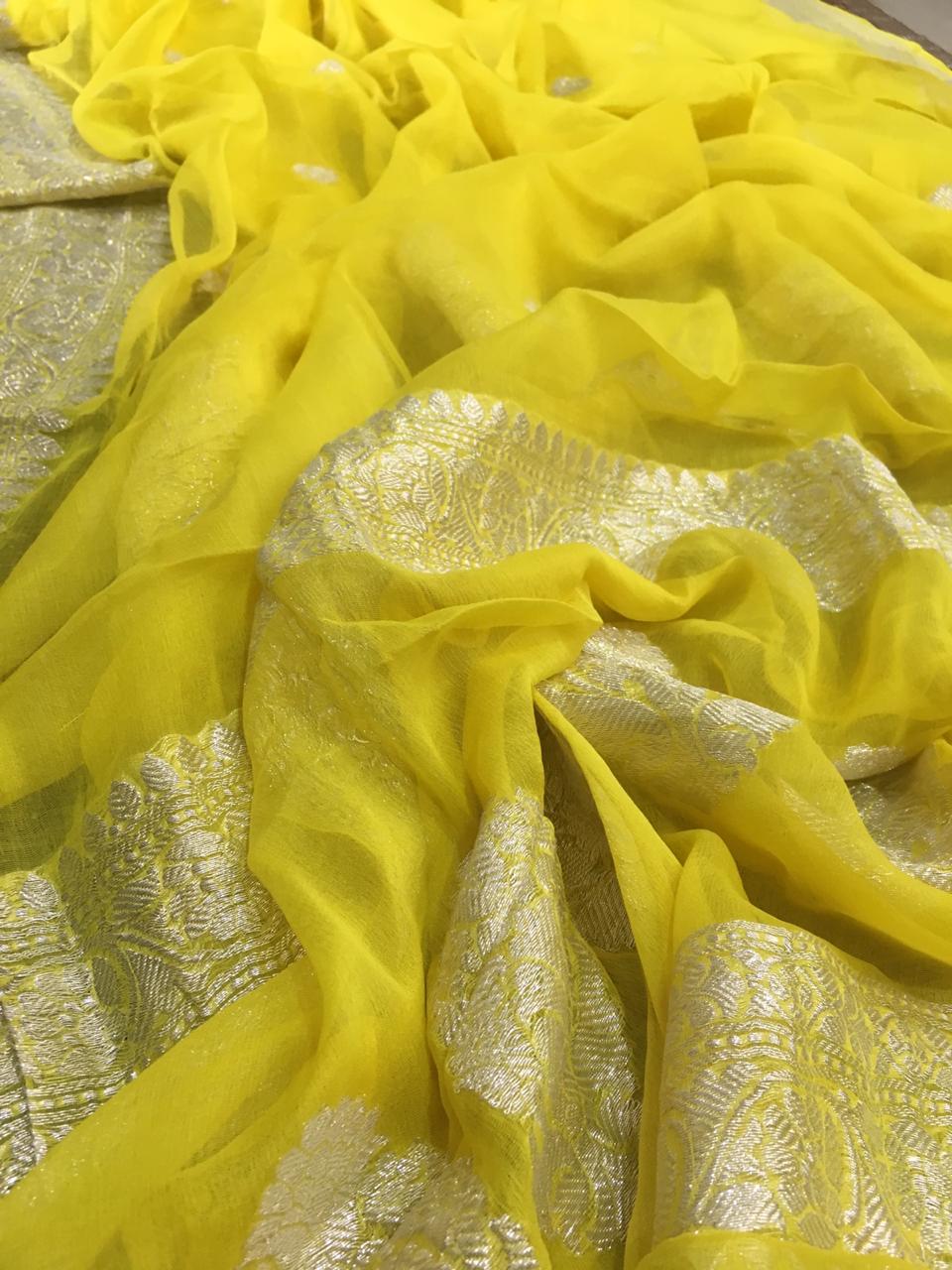 Lemon Yellow Banarasi Khaddi Jaal Saree