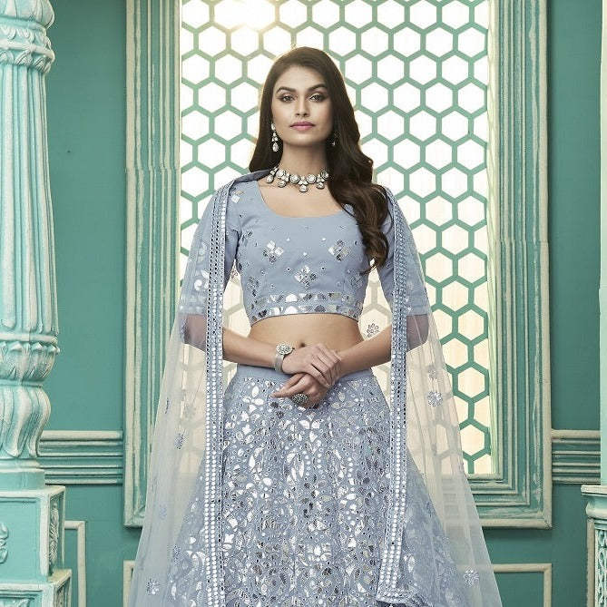 Light Blue Georgette with Gota Patti Embroidery Work Lehenga(ONLY PREPAID)