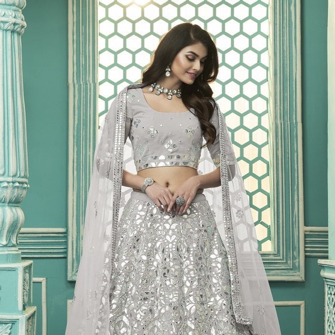 Grey Georgette with Gota Patti Embroidery Work Lehenga(ONLY PREPAID)