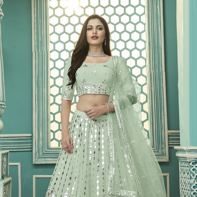 Light Green Georgette with Gota Patti Embroidery Work Lehenga(ONLY PREPAID)