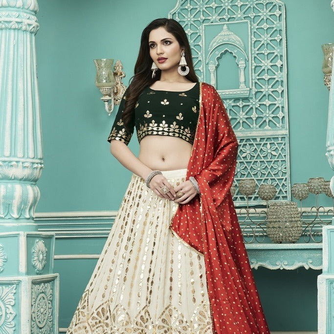 Cream Georgette with Gota Patti Embroidery Work Lehenga(ONLY PREPAID)