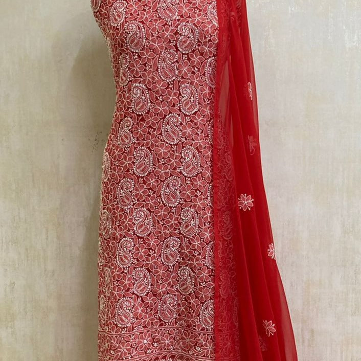 Red Lucknowi Chikankari Georgette Salwar Suit Set unstitched