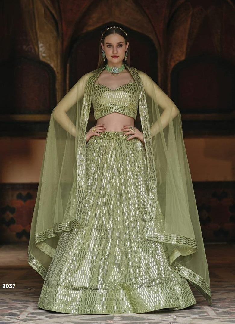 Green Net with Sequins Embroidery Work Lehenga(ONLY PREPAID)