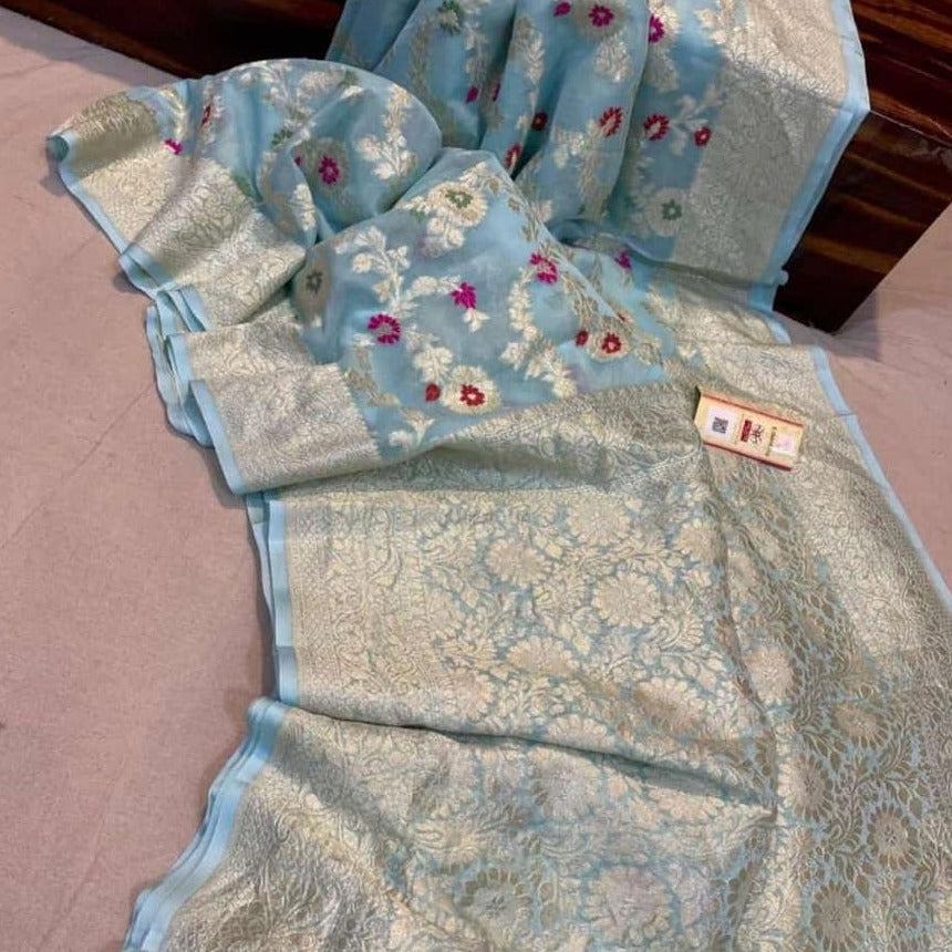 Sky Blue Floral Jaal Banarasi Saree