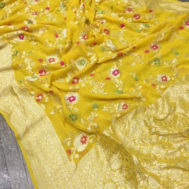 Gold Yellow Floral Jaal Banarasi Semi Georgette Saree
