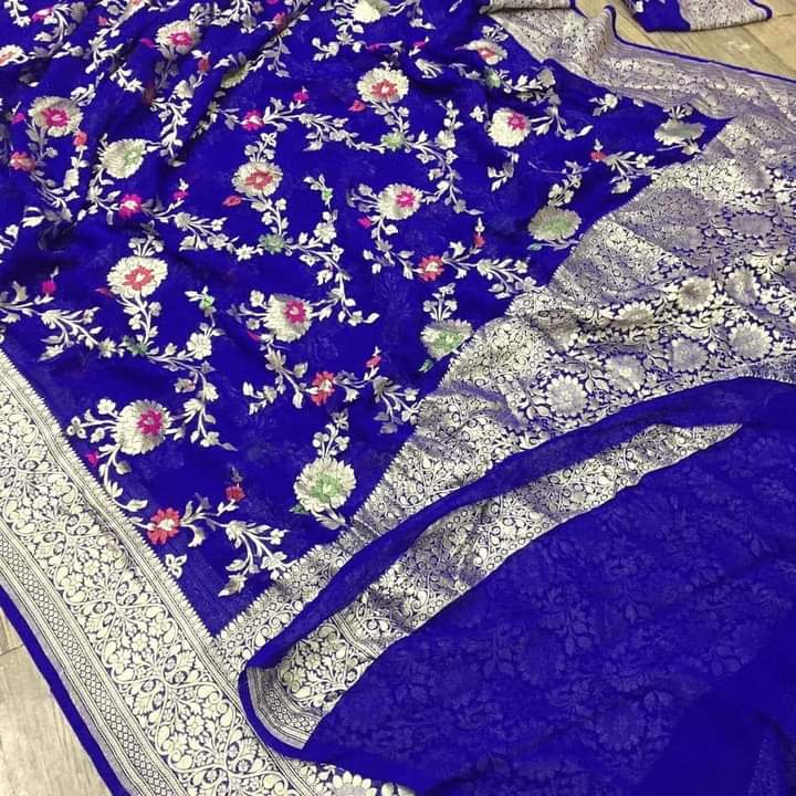 Cobalt Blue Floral Jaal Banarasi Saree