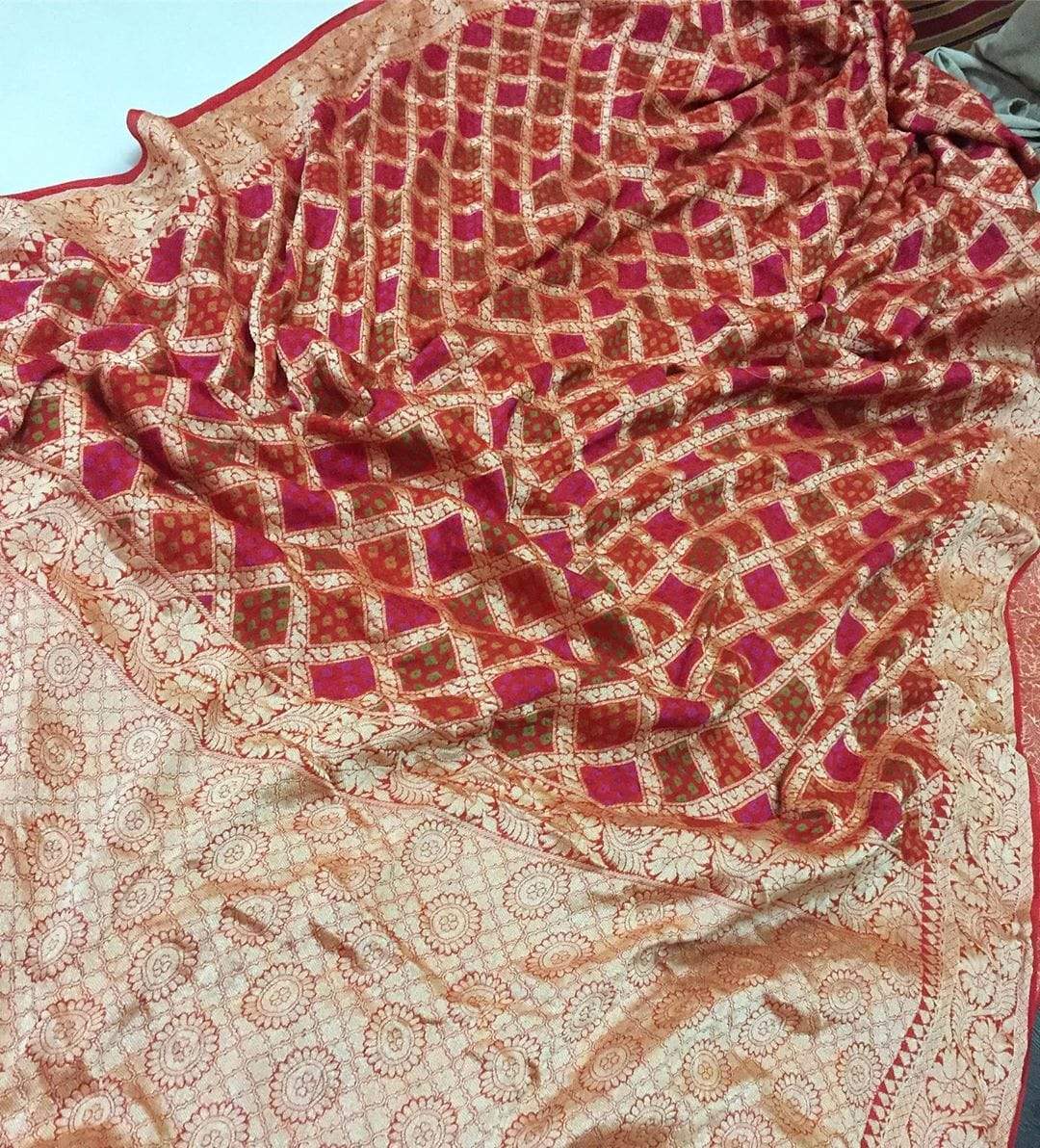 Banarasi Chiffon Bandhani Saree In Red Rani,Traditional Sarees, Banarasi BandhejSaree, Meenakari Banarasi saree, Banarasi Gatchola Saree