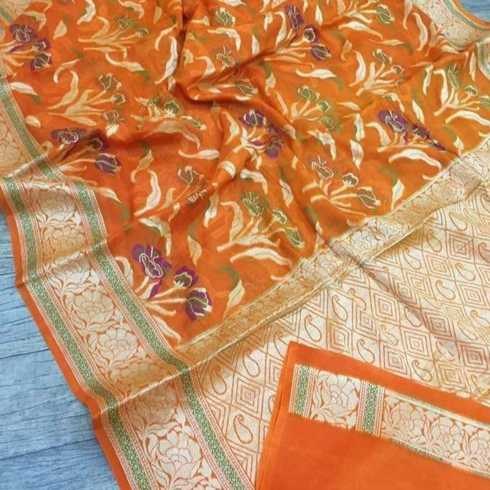 Banarasi Meenakari Sarees In Orange,Traditional Sarees, Banarasi Saree, Meenakari Banarasi saree, Banarasi Meenakari Saree