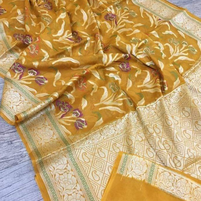 Traditional Sarees, Banarasi Meenakari Sarees In Yellow,Banarasi Saree, Meenakari Banarasi saree, Banarasi Meenakari Saree