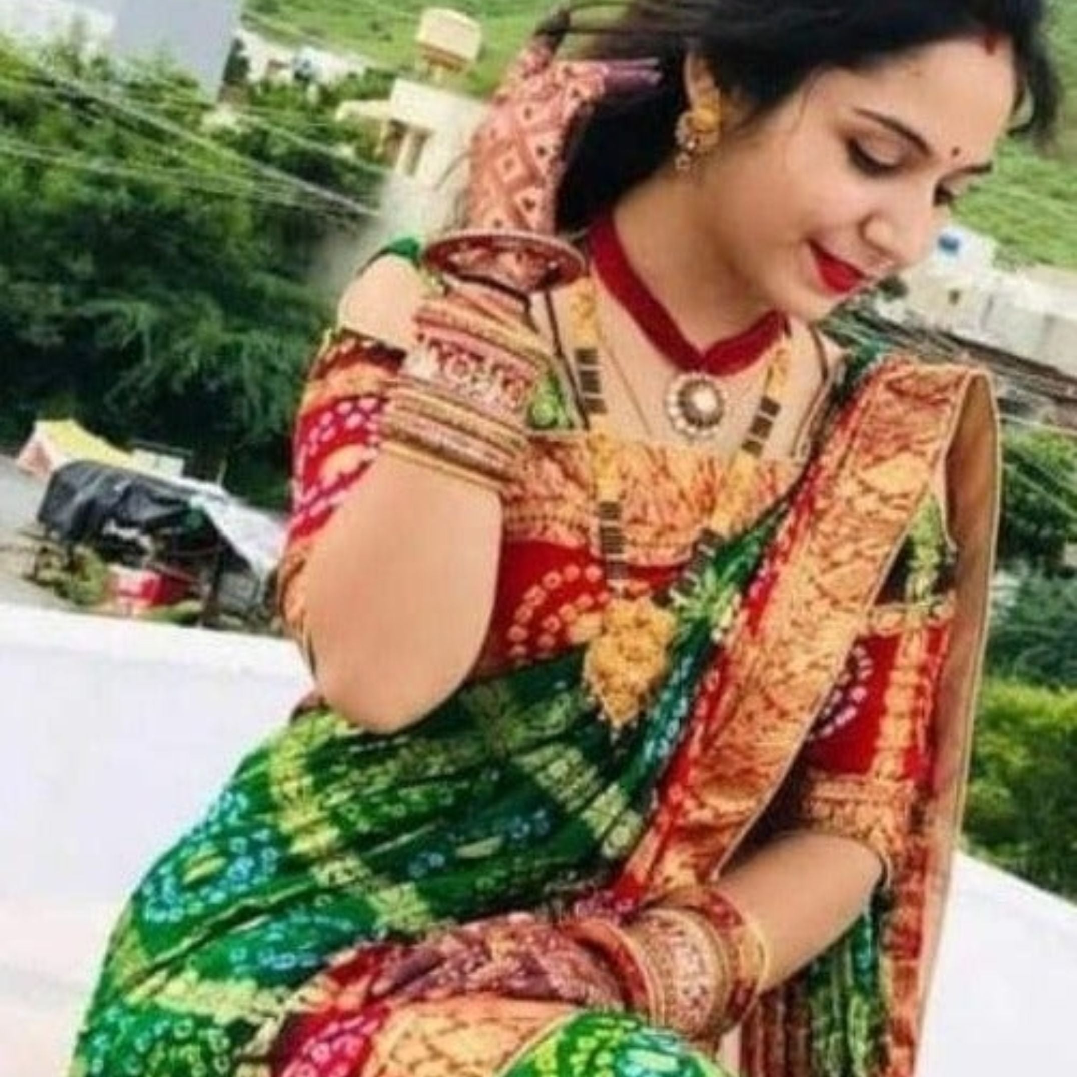 Green Bandhej Banarasee Silk Saree,Shop Bandhej Banarasi,Shop Bandhani Saree