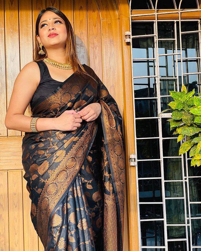 Black Banarasi Soft Silk Saree With Blouse