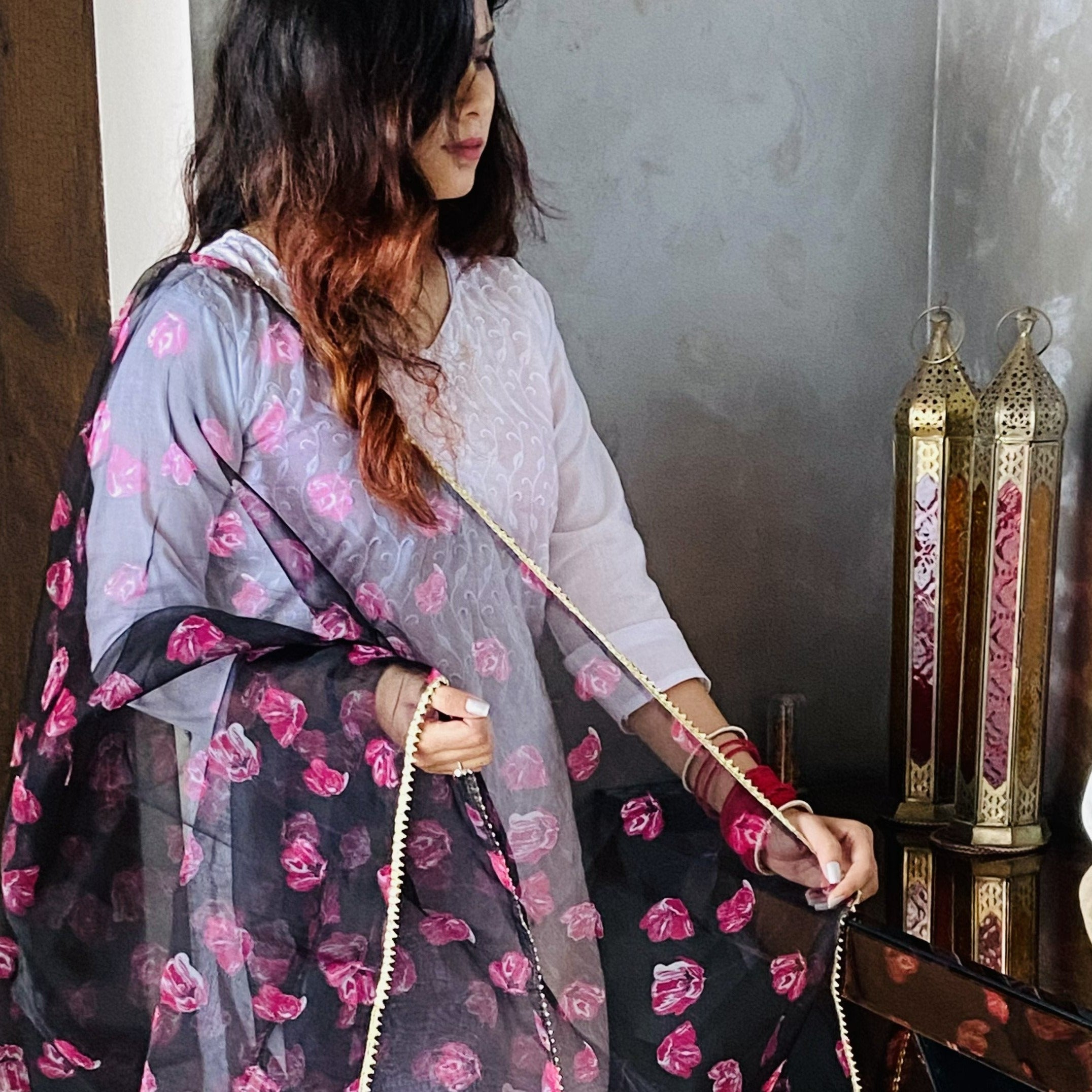 Black Floral Organza Dupatta, Organza Dupatta, Floral Dupatta Online