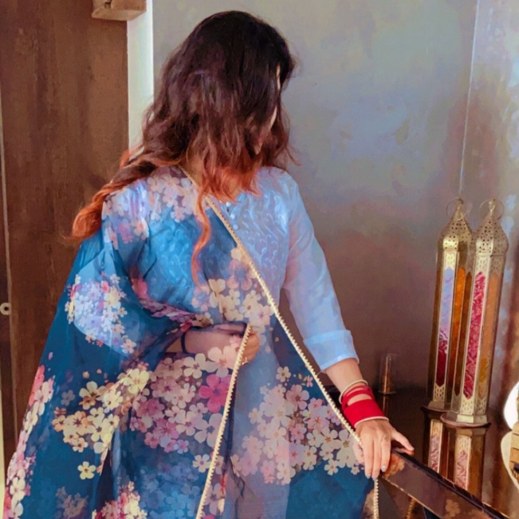 Blue Floral Organza Dupatta