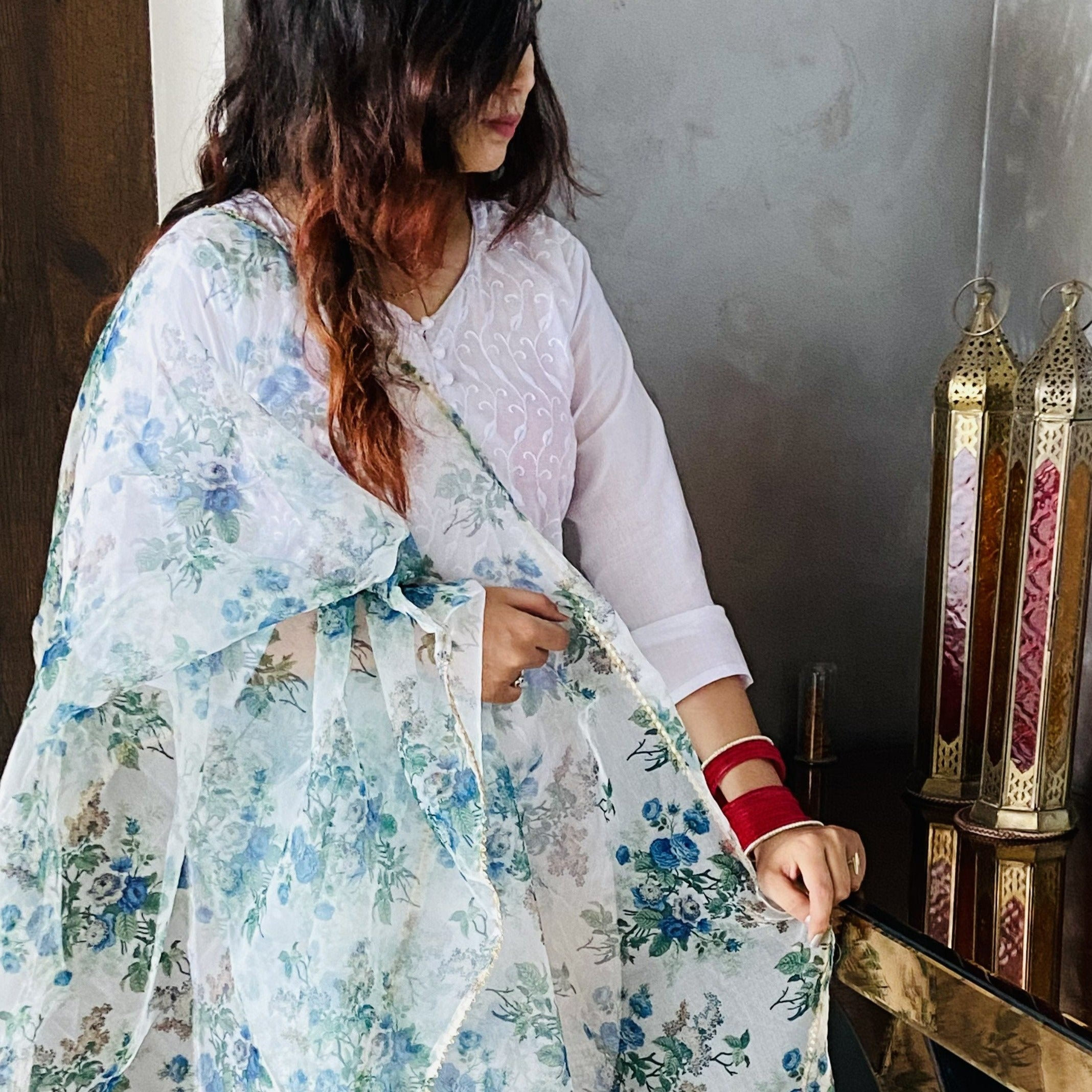 Blue And White Floral Organza Dupatta, Traditional Dupatta , Gota Work Border , Online Dupatta