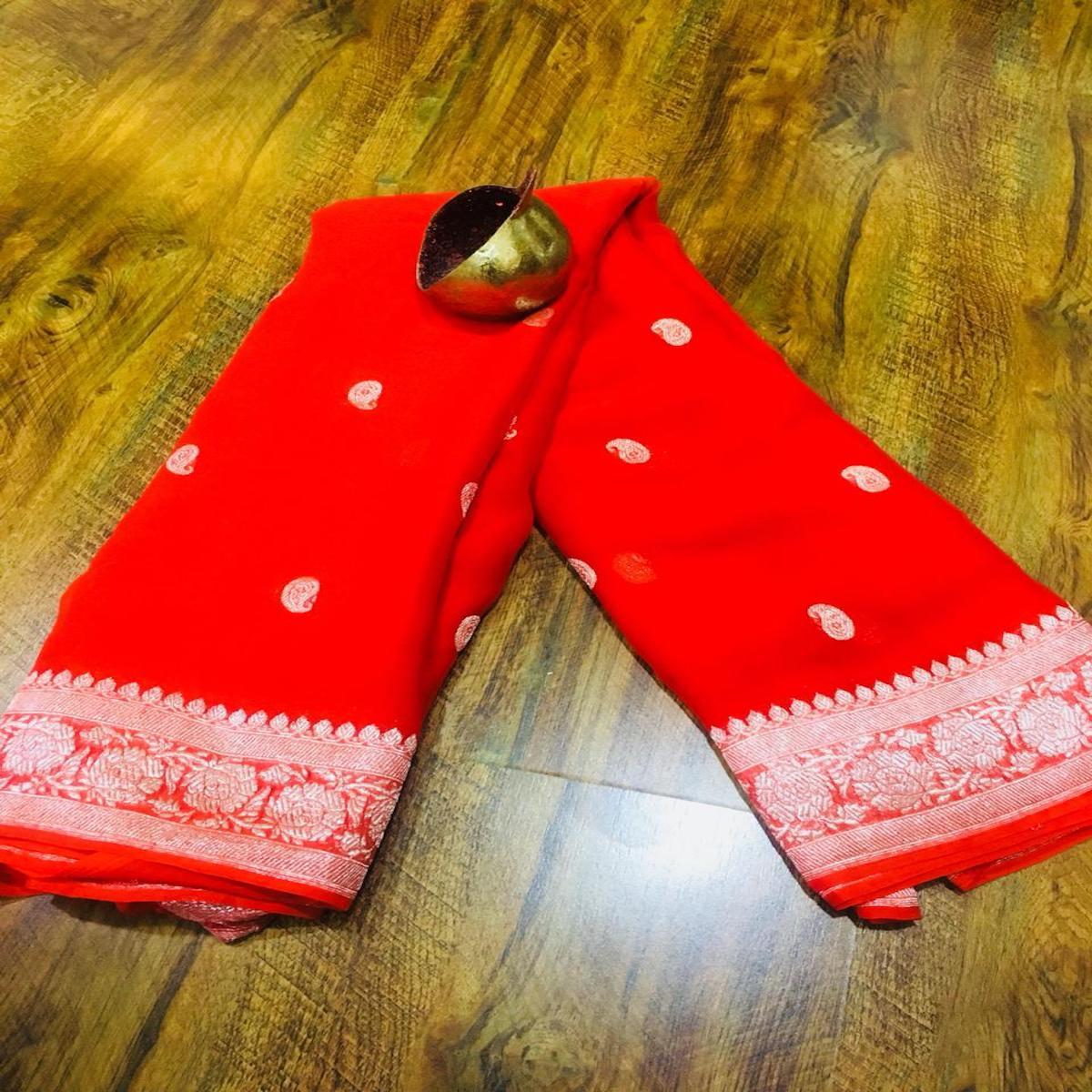 Bright Red Banarasi Khaddi Georgette Saree,Wedding Saree, Indian Sarees, Online Sarees