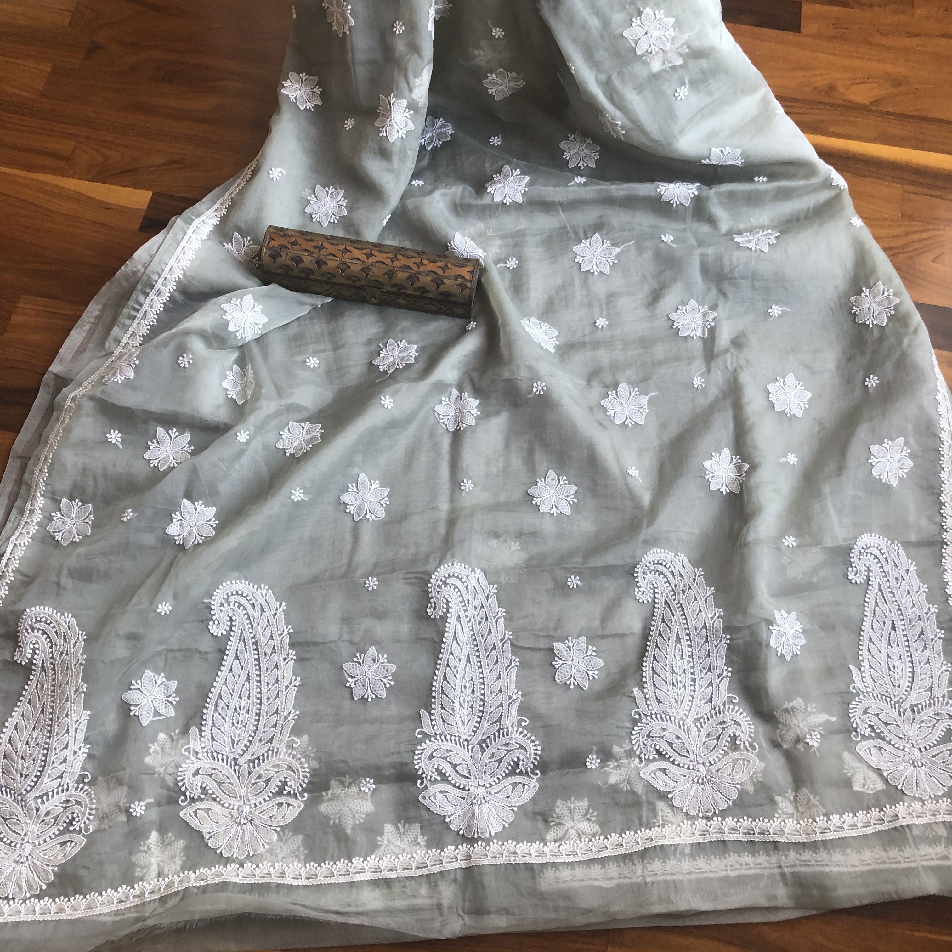 Grey Organza Chikankari Saree , Designer chikankari sarees , Pure lucknowi chikanakri sarees
