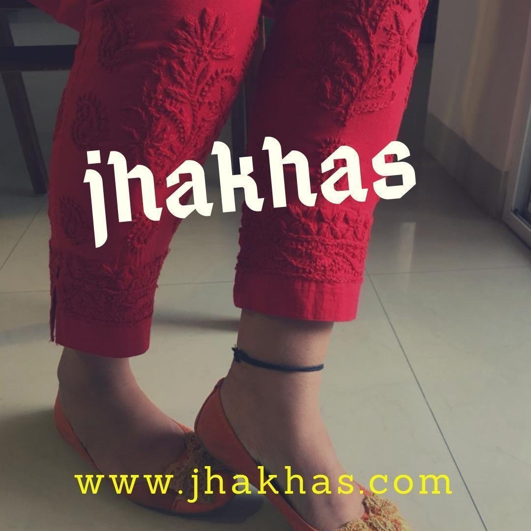 Jhakhas's red straight pant with Lucknowi chikankari 