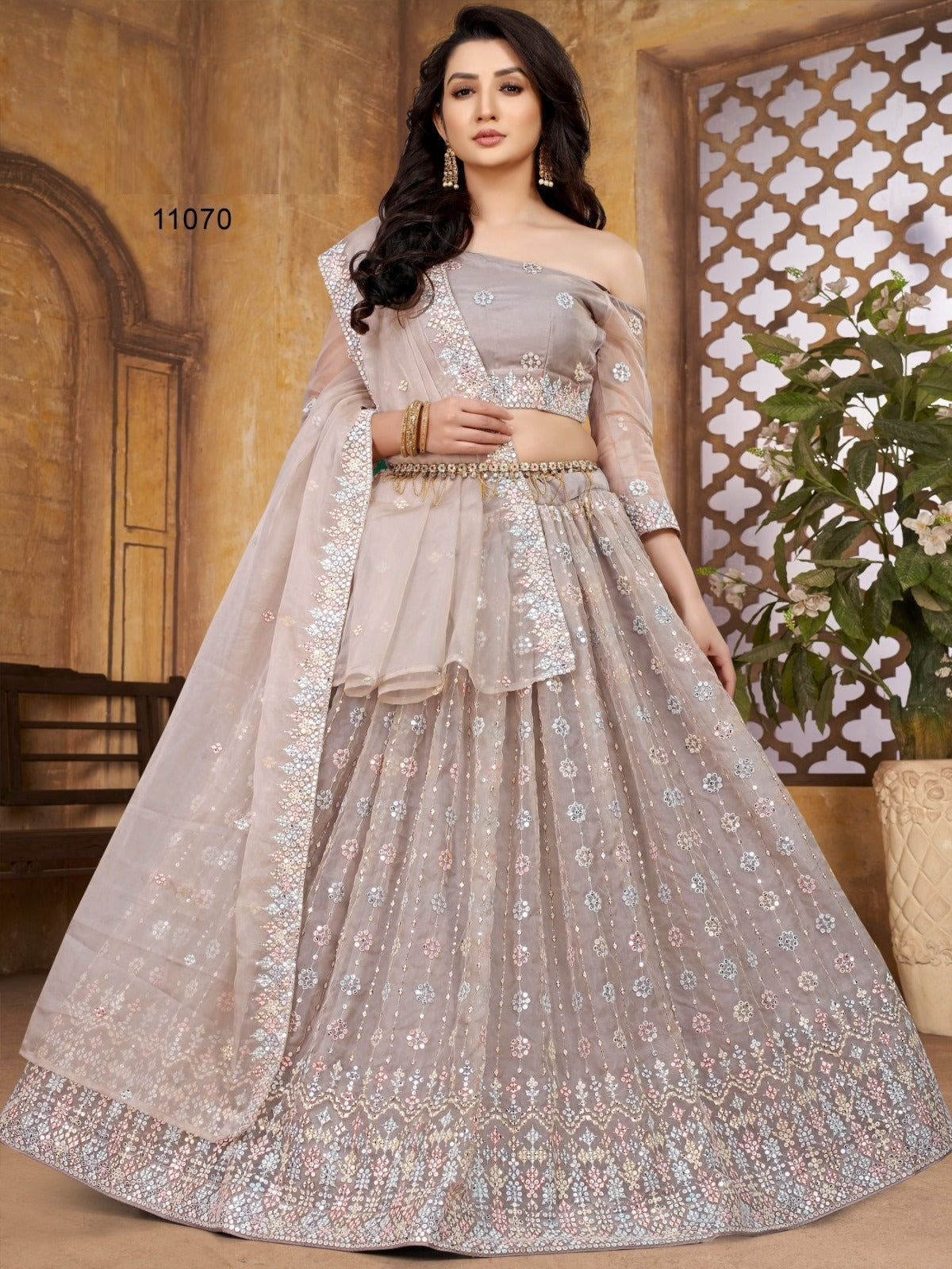 Cream Organza Embroidery Semi Stitched Lehenga