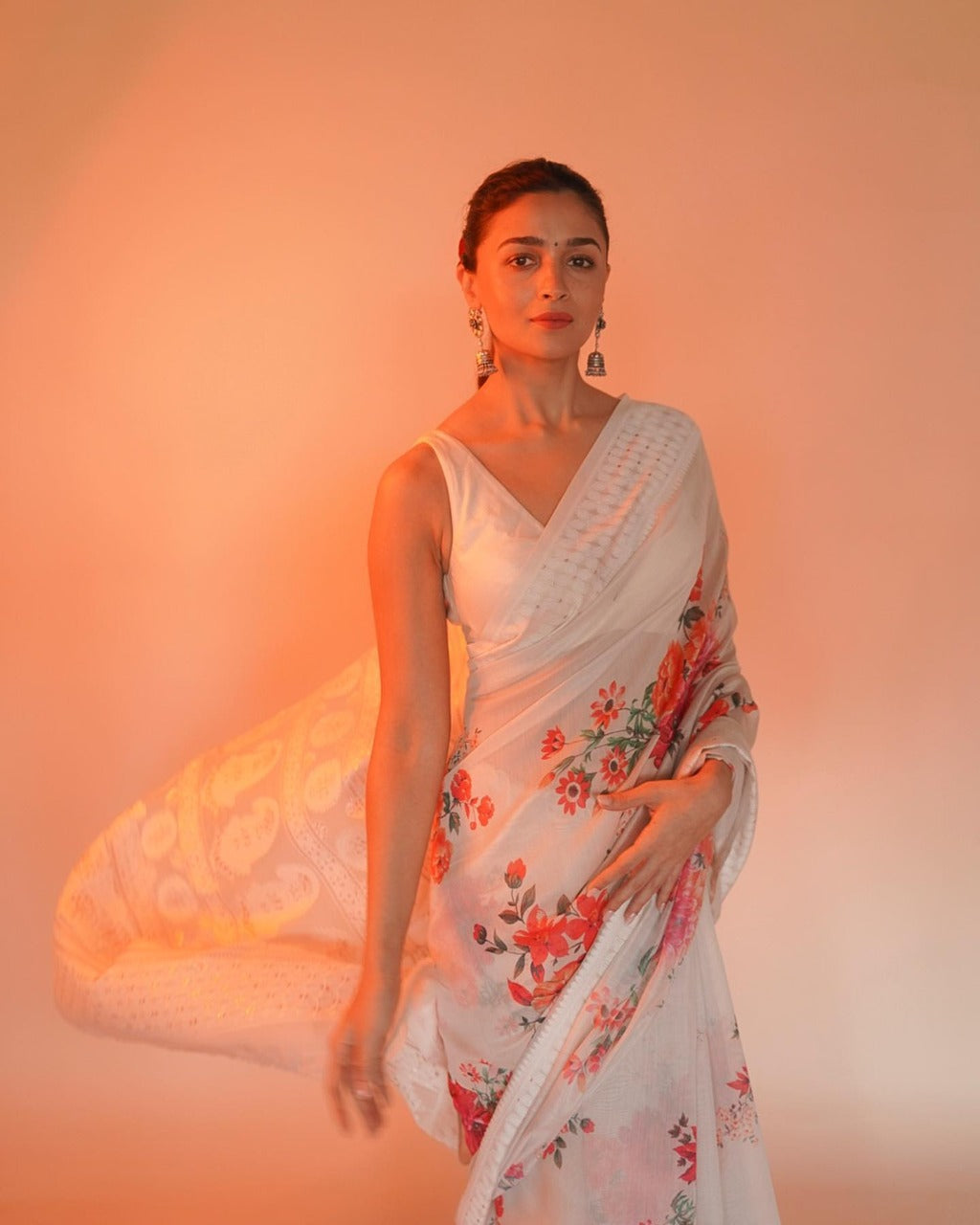 Cream Modal Chikankari Digital Print Saree