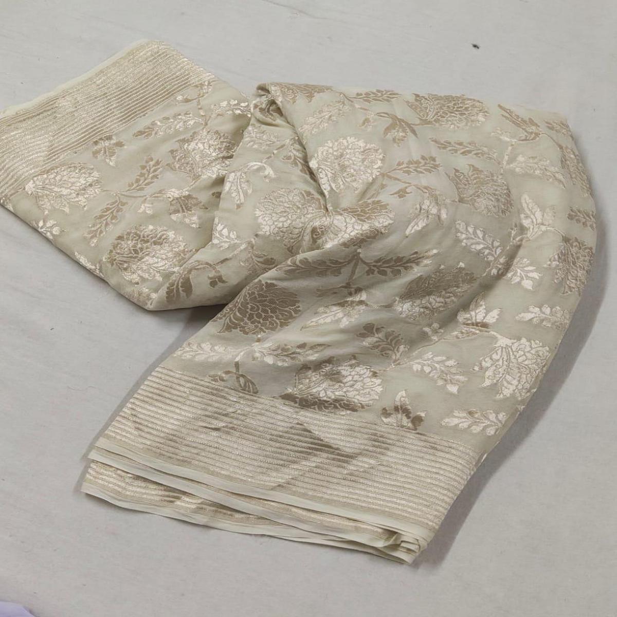 Cream Banarasi khaddi chiffon saree, Khaddi chiffon saree online, Pure khaddi chiffon saree