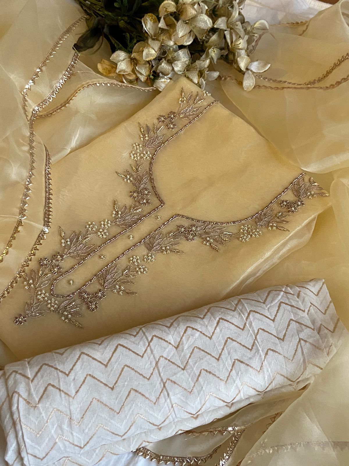 Cream Designer Organza Salwar Suit, Traditional Suit , Handwork Suit , Online Suit