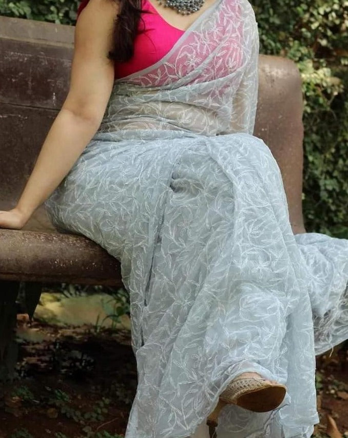 Light Grey Lucknowi Tepechi Work Saree