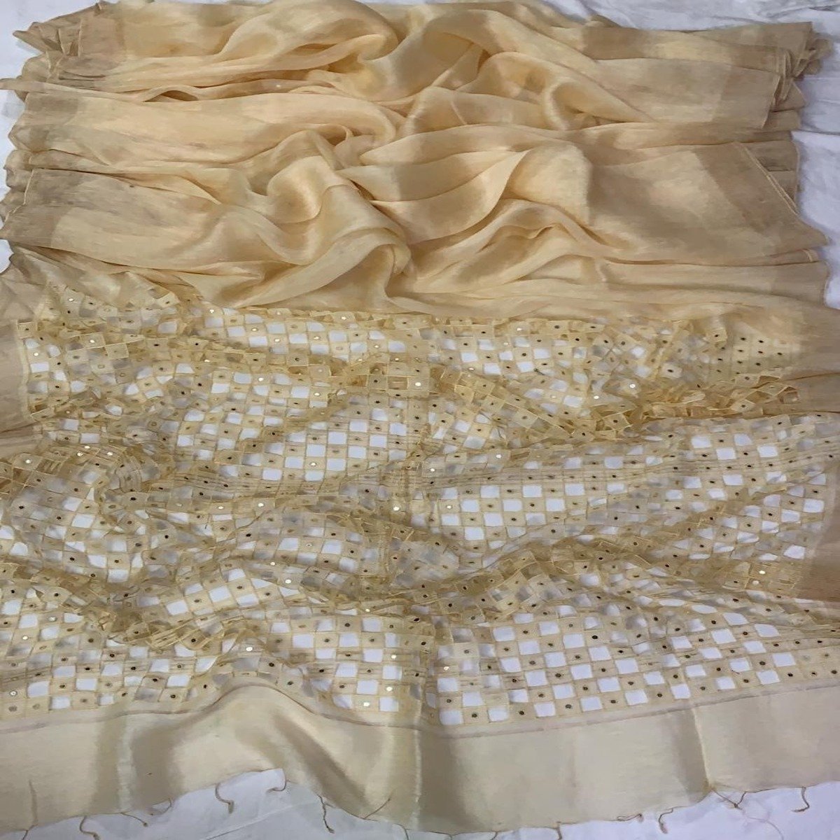 Cream Silk Linen Cutwork Saree ,Linen cutwork sarees, Linen saree with cutwork