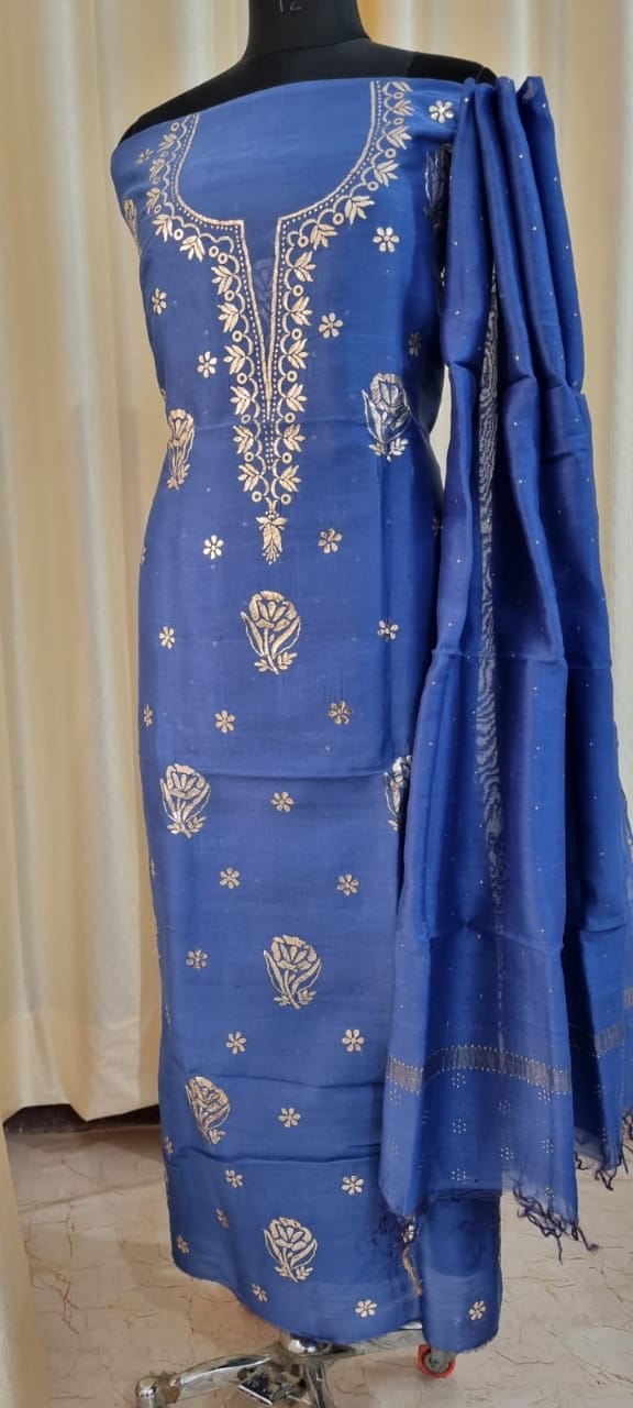 Nirja- Dark Blue Chanderi Chikankari Silk Kurti And Dupatta