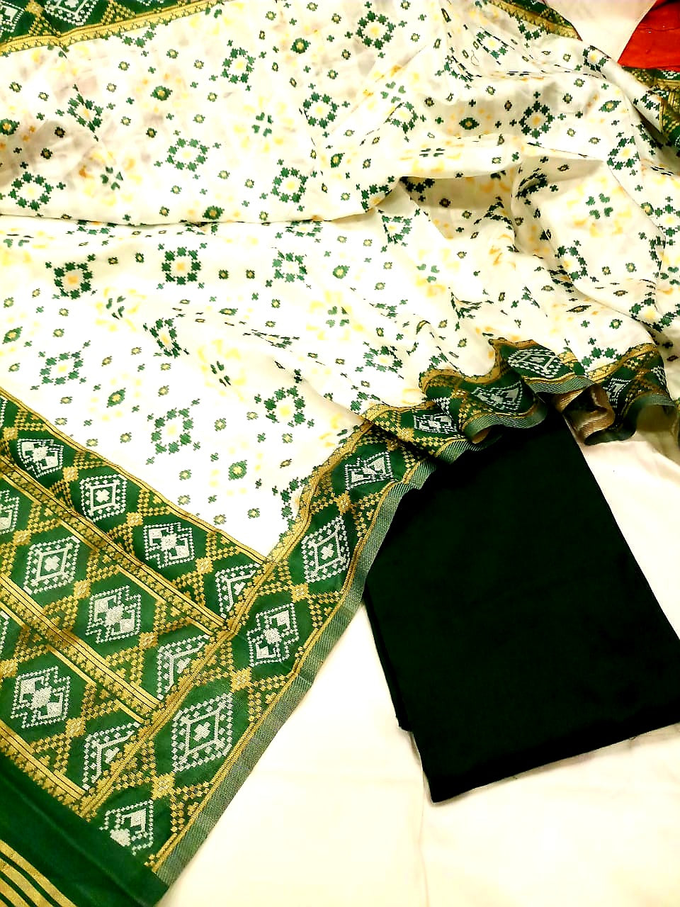 Dark Green Banarasi Silk Katan Patola Design Suit