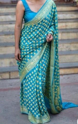 Firozi Blue Heavy Khaddi Georgette Saree - jhakhas.com