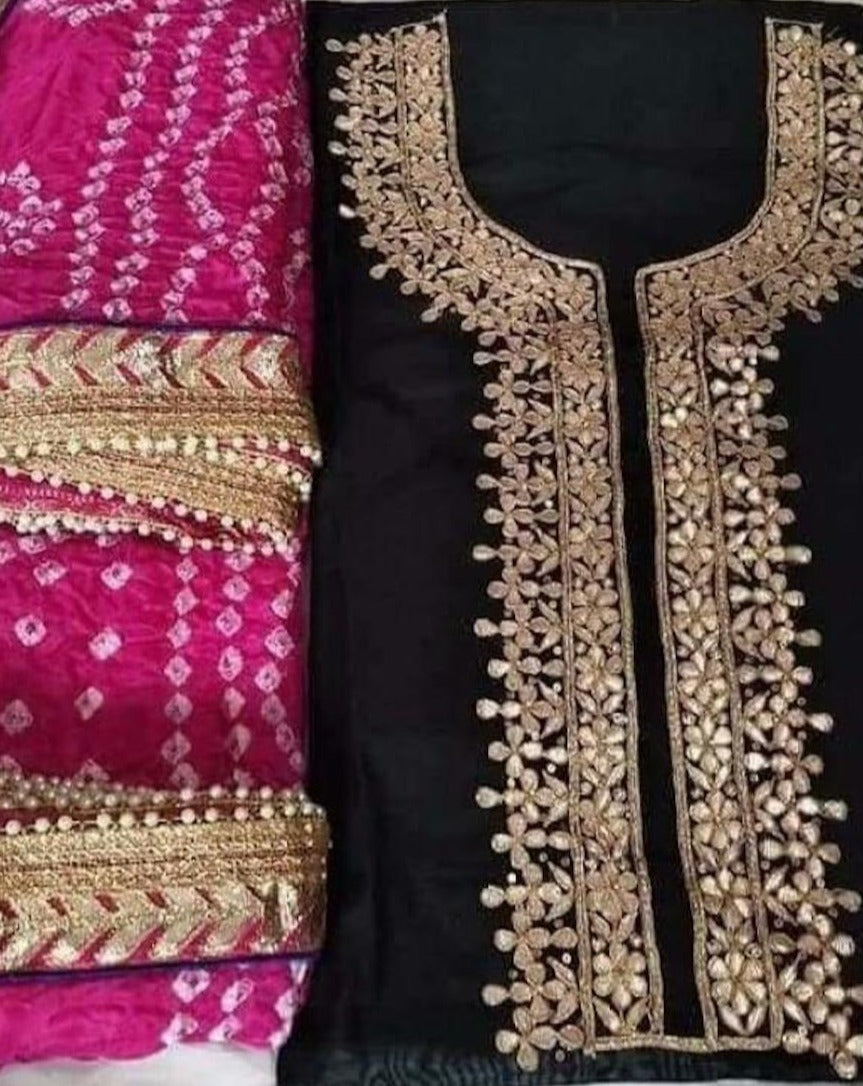 Gota Patti Suit In Black And Pink,Latest Bandhej Hand Gota Patti Suit Online,Shop Bandhani Gota Patti Suit Set At Best Rates