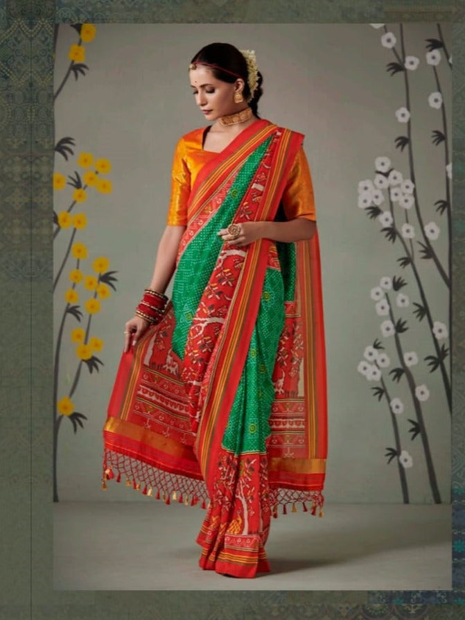 Green Printed Patola Silk Saree