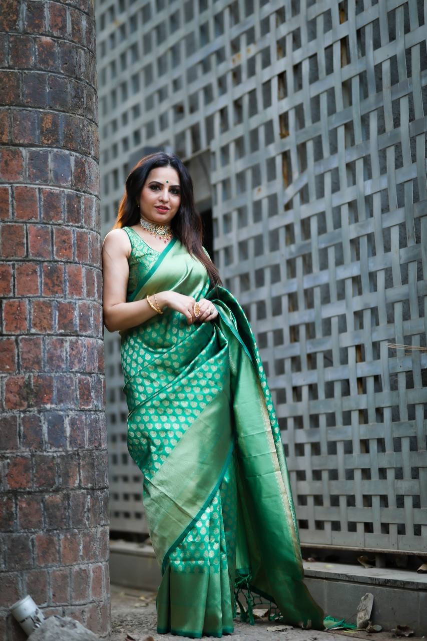 Green Banarasi soft silk saree, Order Now Online