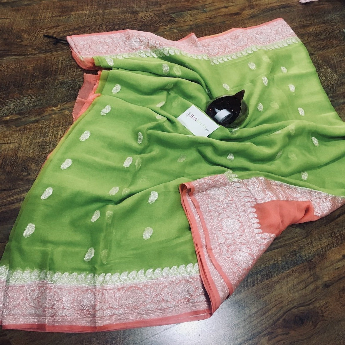Green And Peach Banarasi Khaddi Georgette Saree,Wedding Saree, Indian Sarees, Online Sarees