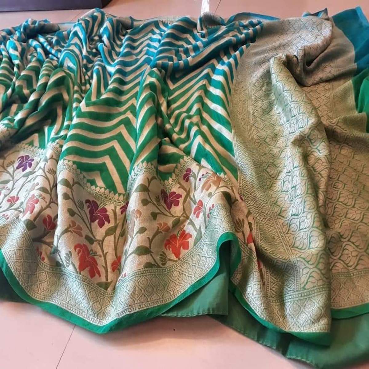 Banarasi khaddi saree with meenakari work in Green