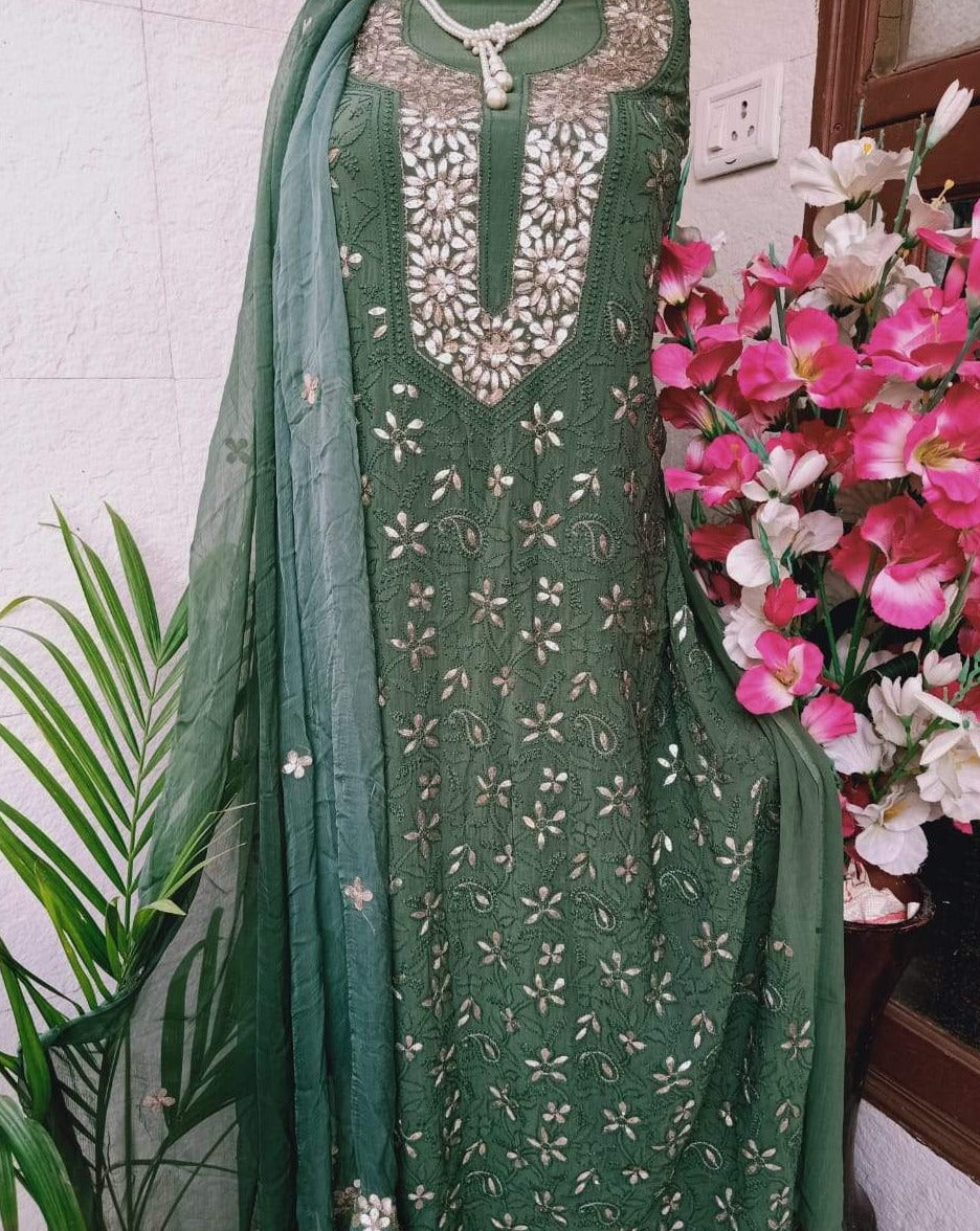 green chikankari dress GREEN CHIKANKARI SLEEVELESS DRESS-NFD63 main image 1