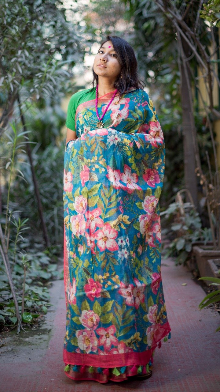 Pure Linen Saree In Blue,Shop Linen Saree Online,Buy Floral Print At Best Rate