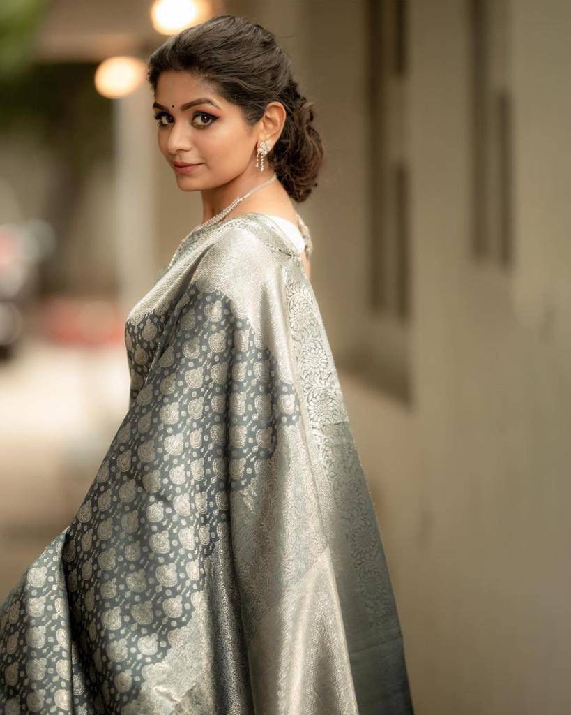 Grey Banarasi Soft Silk Saree With Blouse