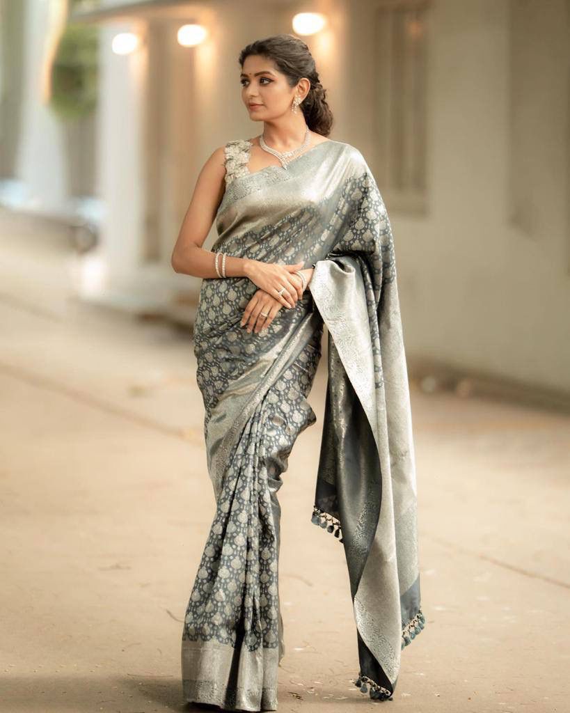 Grey Banarasi Soft Silk Saree With Blouse