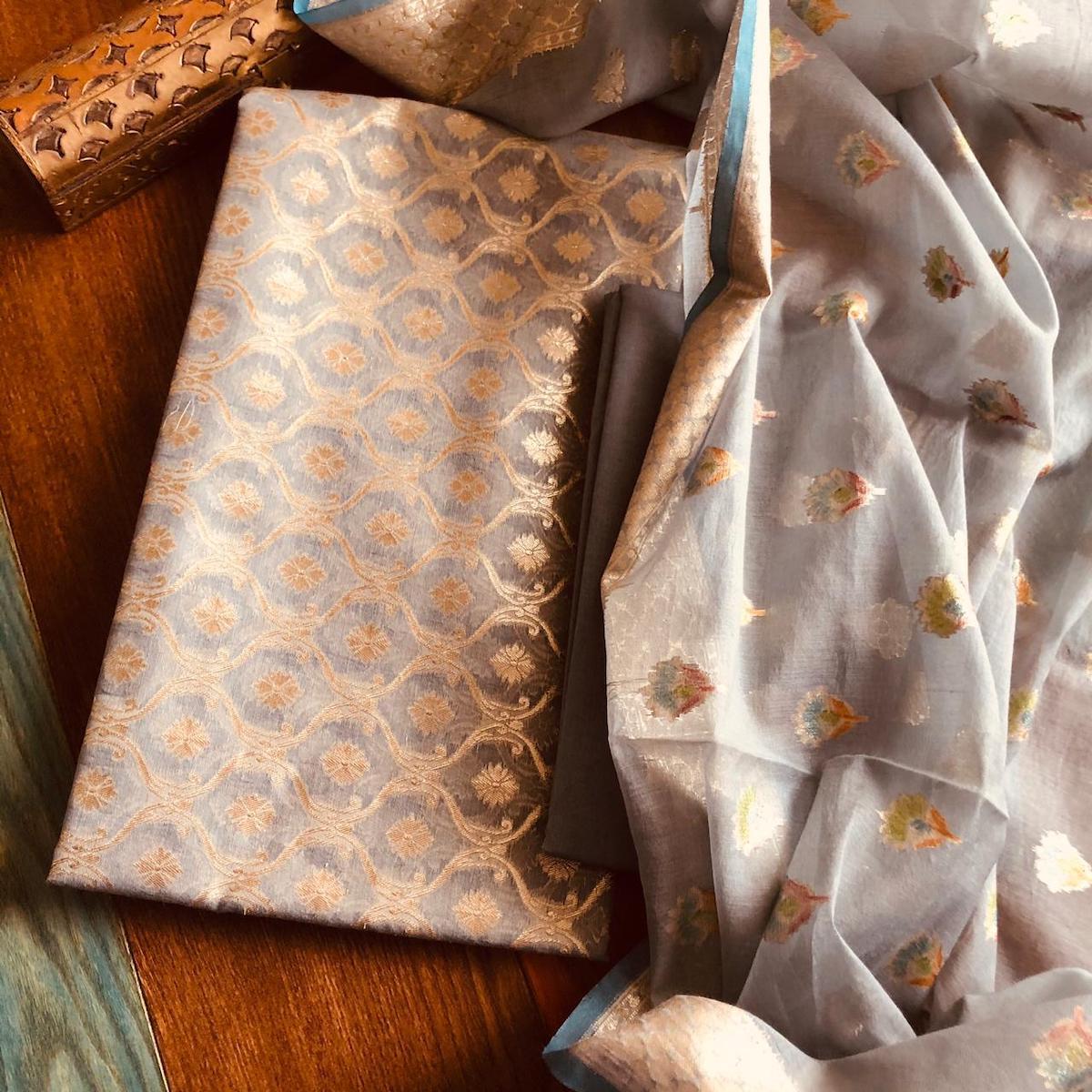 Grey And Golden Banarasi Salwar Suit,Banarasi Salwar Suit Online ,Banarasi Katan Silk At Affordable Rates