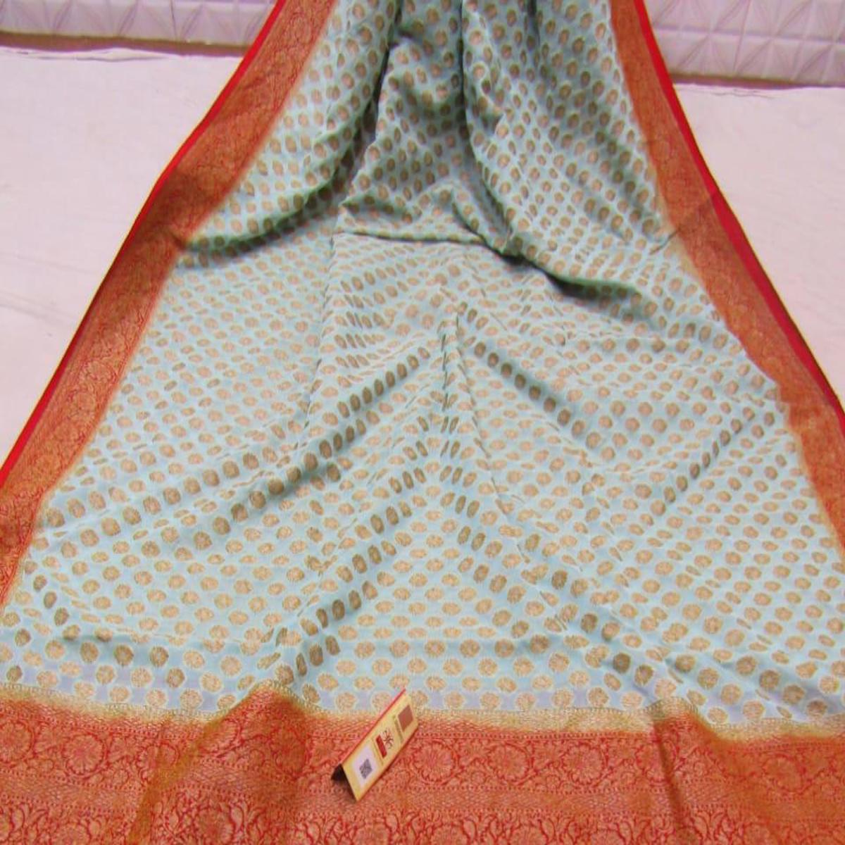 Grey And Red Heavy Banarasi Saree - jhakhas.com