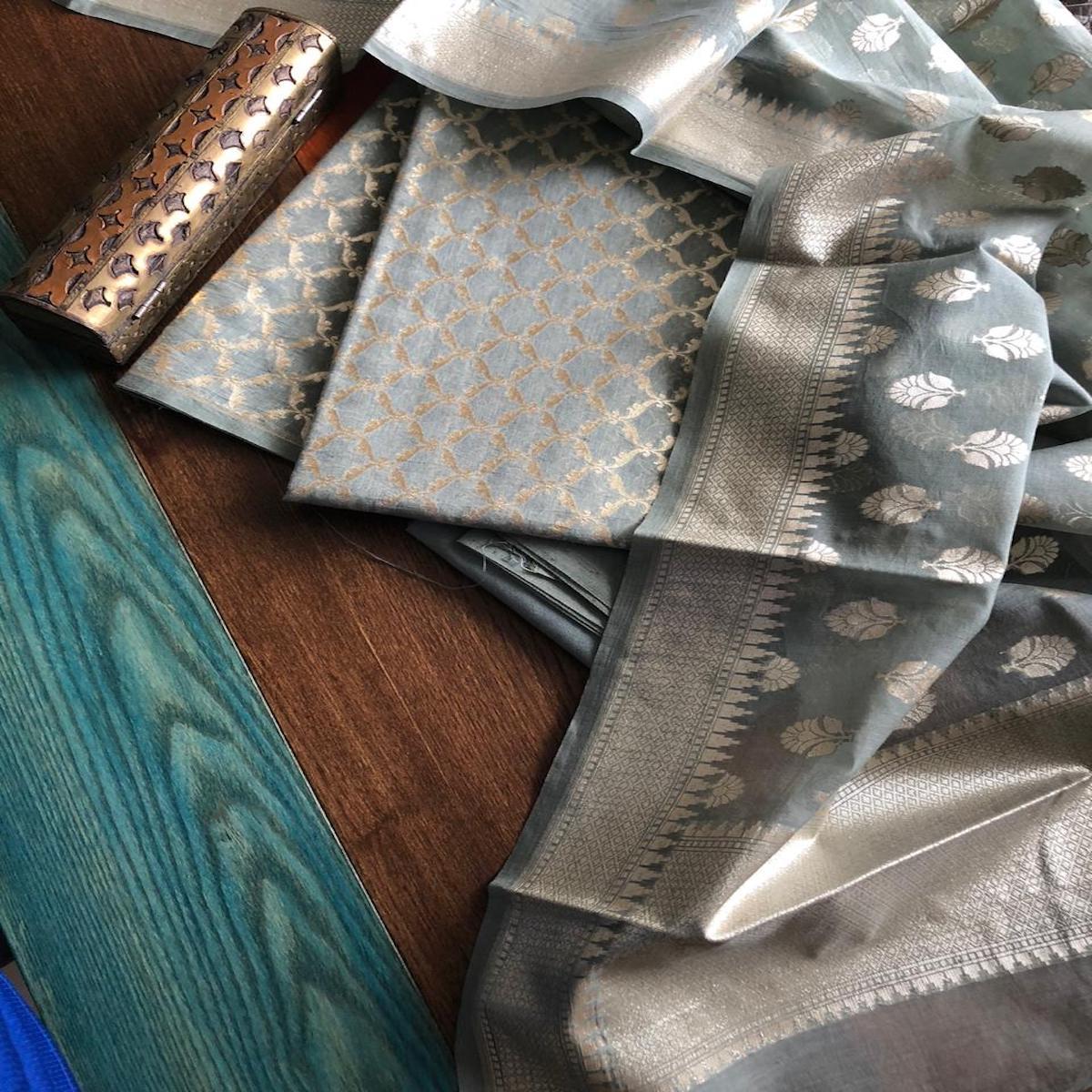 Grey Banarasi Salwar Suit,Buy Banarasi Katan Silk Suit Online,Latest Banarasi Salwar Suit At Affordable Rate