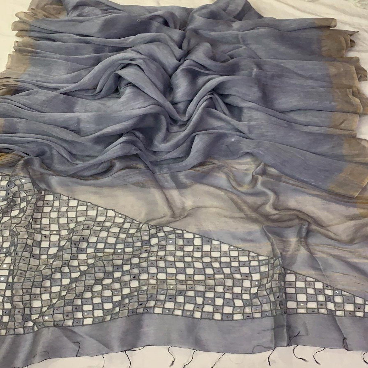 Grey Silk Linen Cutwork Saree ,Linen Sarees Online, Linen partywear Sarees Online