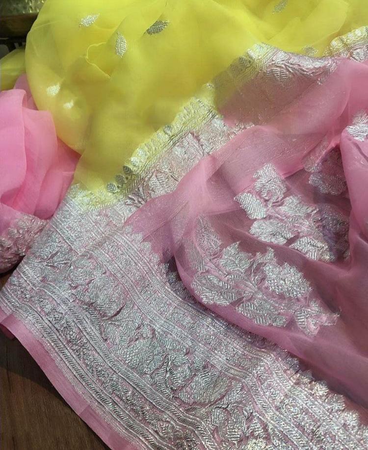 Light Pink-Yellow Banarasi Khaddi Jaal Georgette Saree
